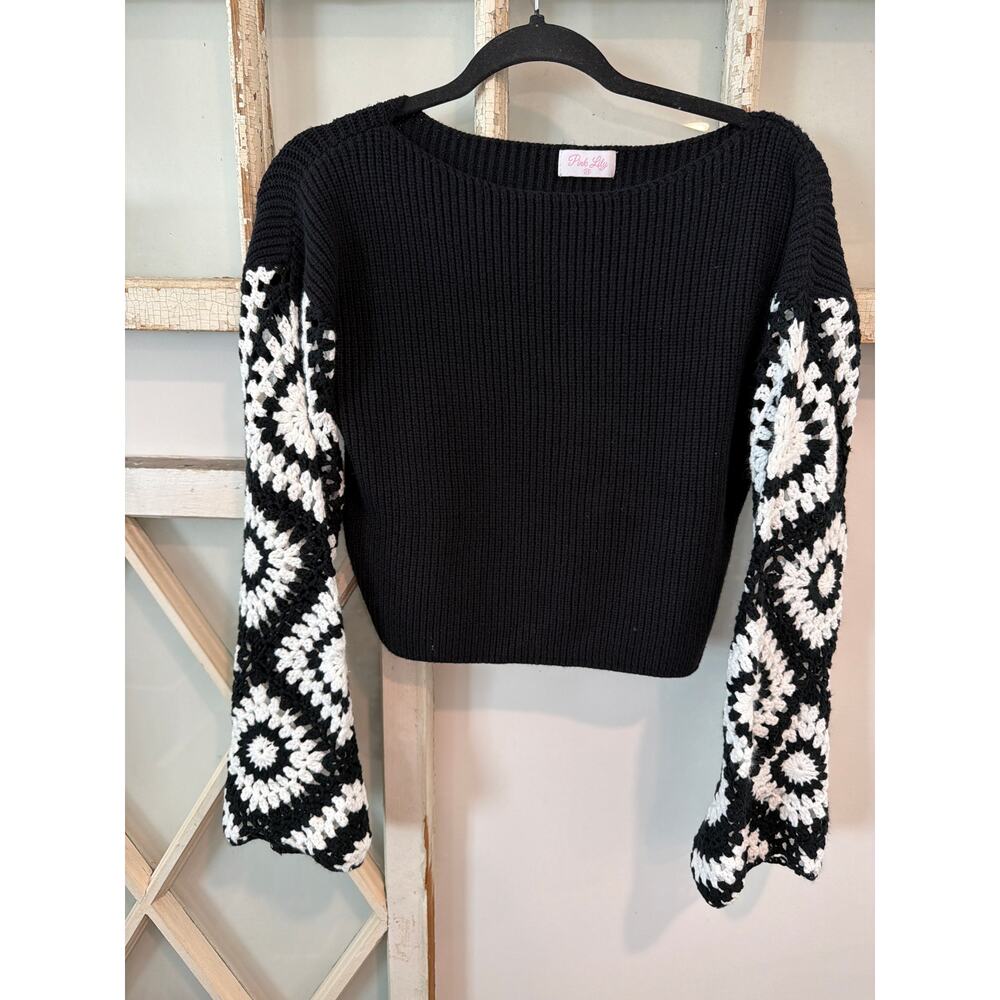 Pink Lily size XS crocheted arms granny square sweater black & white